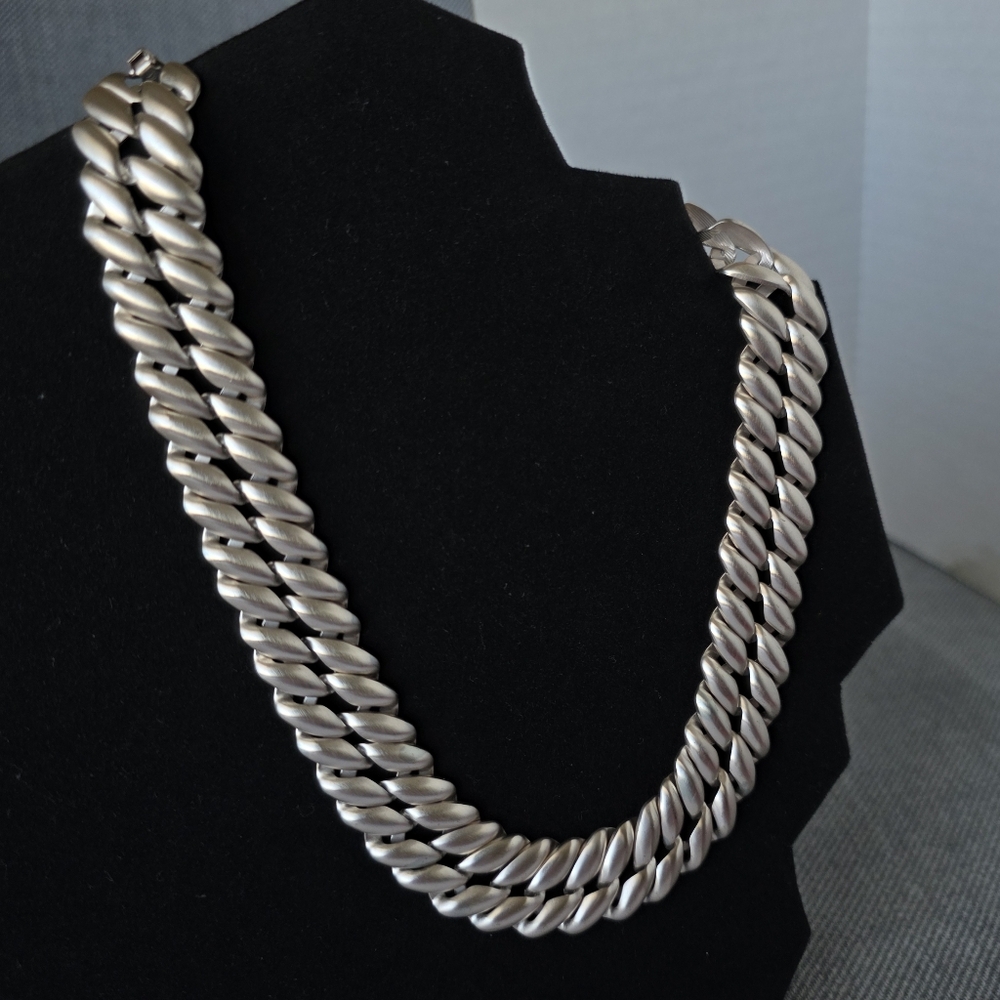 Vintage Signed Monet Flat Woven Choker Necklace Satin Silver 16" Chain Chunky